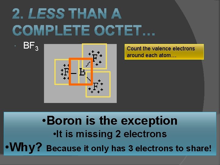 BF 3 Count the valence electrons around each atom… • Boron is the BF 3 Count the valence electrons around each atom… • Boron is the