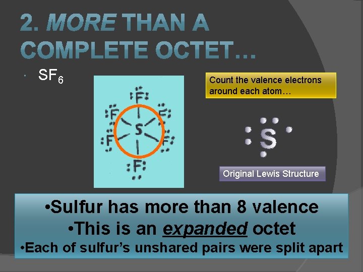 SF 6 Count the valence electrons around each atom… Original Lewis Structure • SF 6 Count the valence electrons around each atom… Original Lewis Structure •