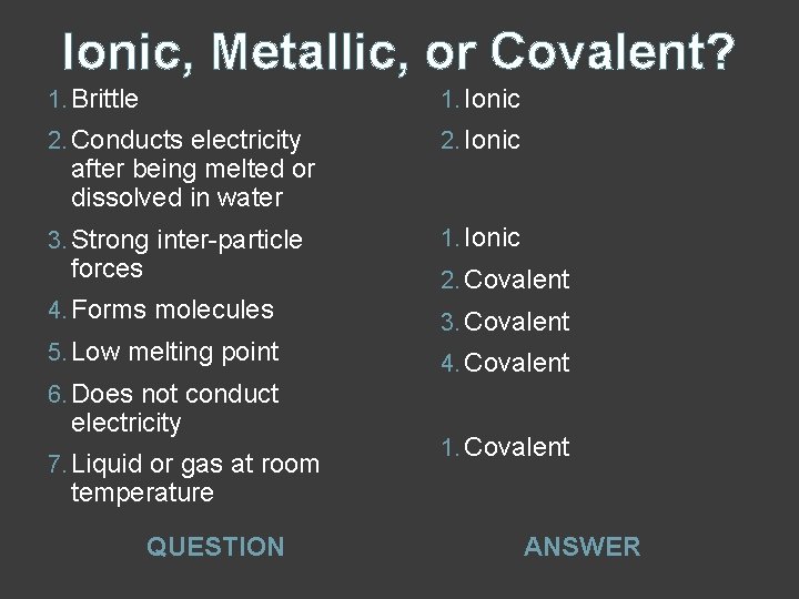 Ionic, Metallic, or Covalent? 1. Brittle 1. Ionic 2. Conducts electricity 2. Ionic 3. Ionic, Metallic, or Covalent? 1. Brittle 1. Ionic 2. Conducts electricity 2. Ionic 3.