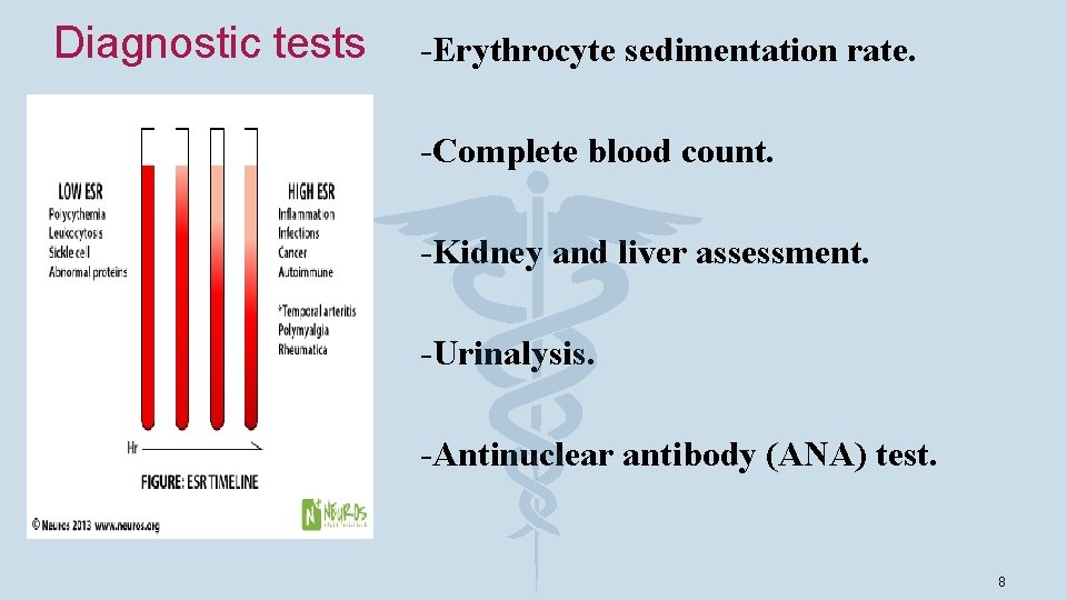 Diagnostic tests -Erythrocyte sedimentation rate. -Complete blood count. -Kidney and liver assessment. -Urinalysis. -Antinuclear