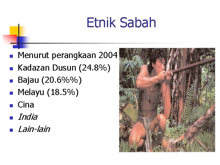 Etnik Sabah n n n n Menurut perangkaan 2004 Kadazan Dusun (24. 8%) Bajau