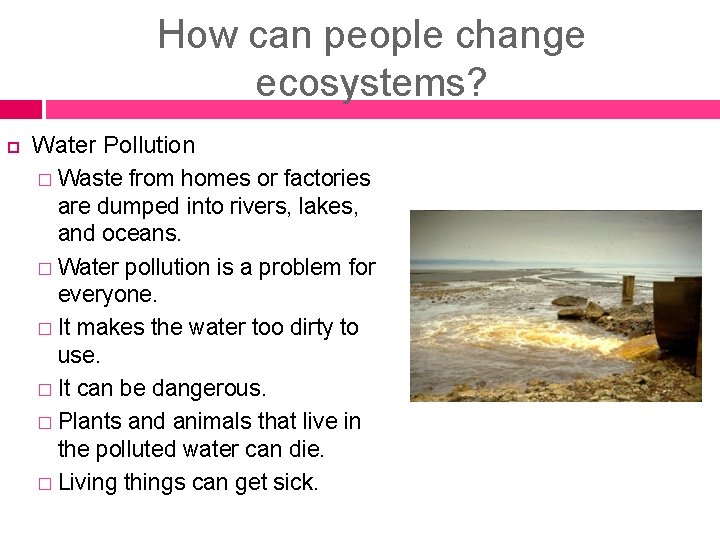 How can people change ecosystems? Water Pollution � Waste from homes or factories are