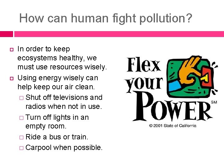 How can human fight pollution? In order to keep ecosystems healthy, we must use