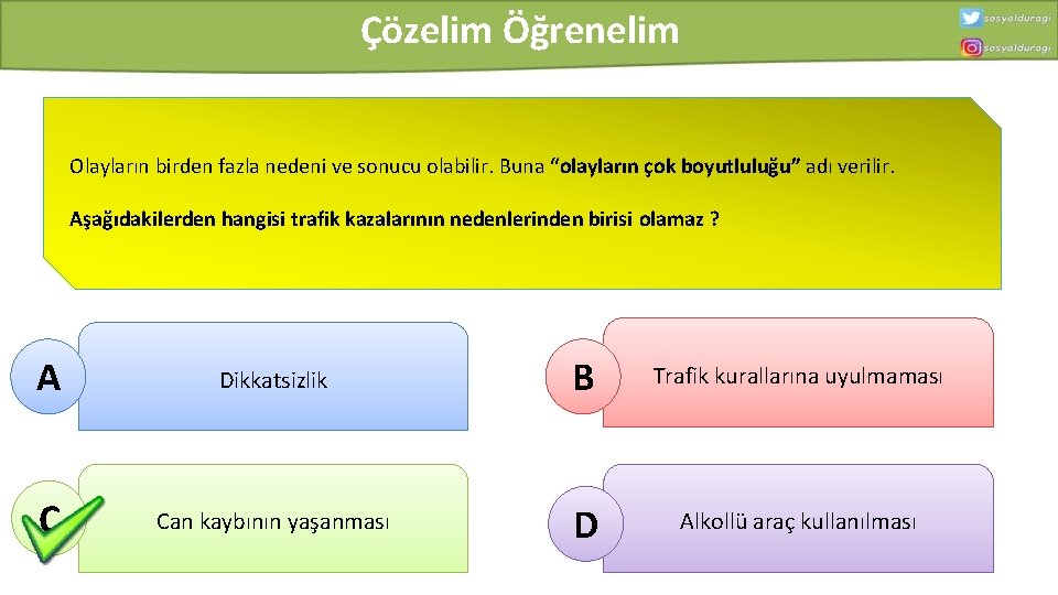 Çözelim Öğrenelim Olayların birden fazla nedeni ve sonucu olabilir. Buna “olayların çok boyutluluğu” adı