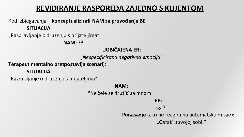 REVIDIRANJE RASPOREDA ZAJEDNO S KLIJENTOM Kod izbjegavanja – konceptualizirati NAM za provođenje BE SITUACIJA: