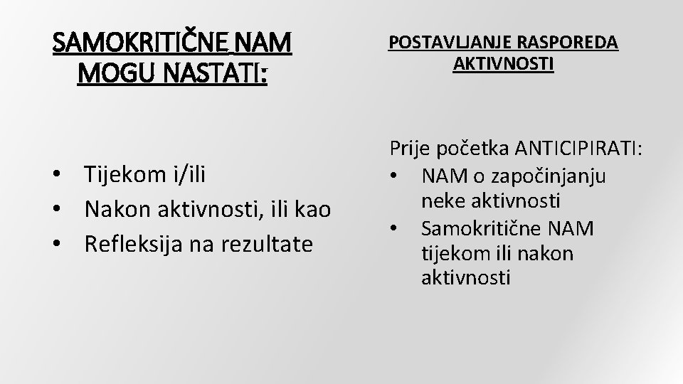 SAMOKRITIČNE NAM MOGU NASTATI: POSTAVLJANJE RASPOREDA AKTIVNOSTI • Tijekom i/ili • Nakon aktivnosti, ili