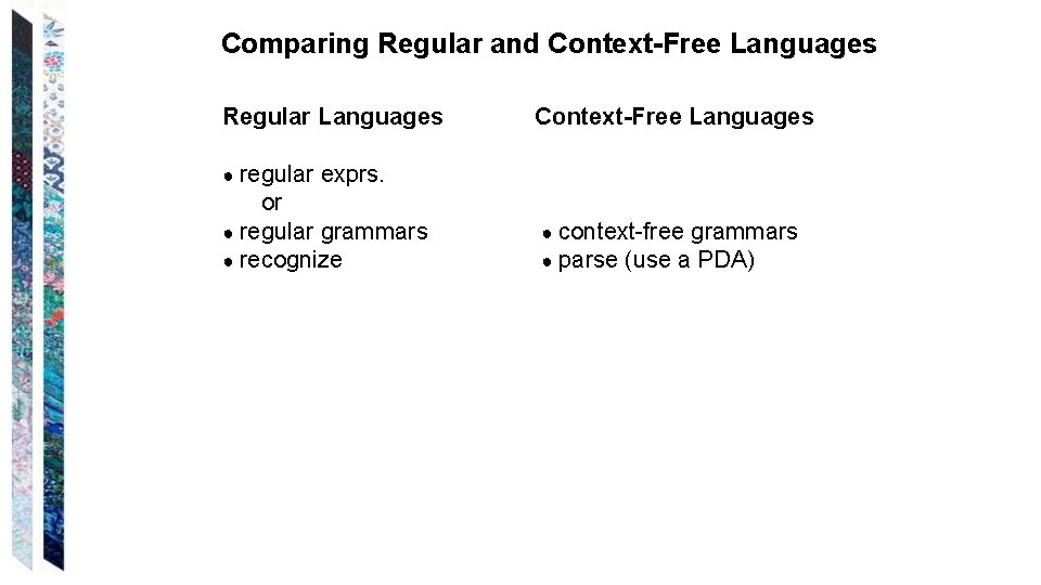 Comparing Regular and Context-Free Languages Regular Languages Context-Free Languages ● regular exprs. or ●