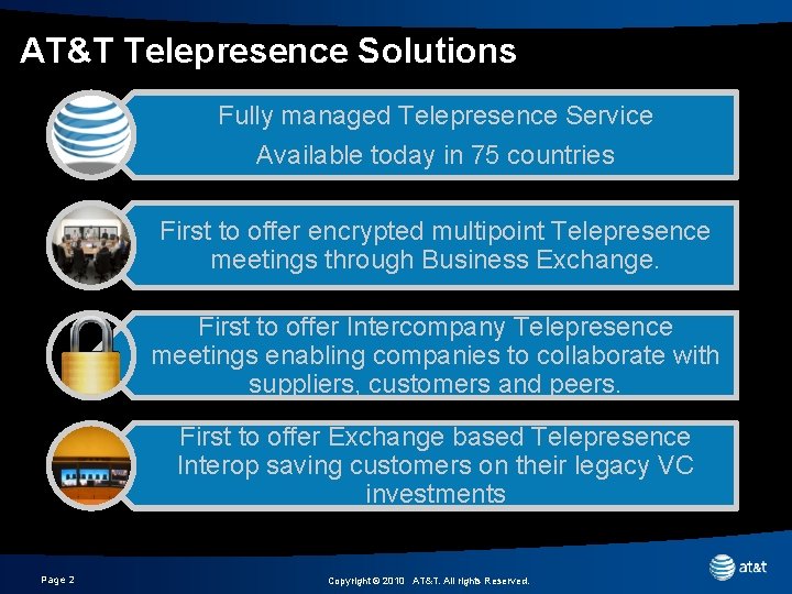 AT&T Telepresence Solutions Fully managed Telepresence Service Available today in 75 countries First to