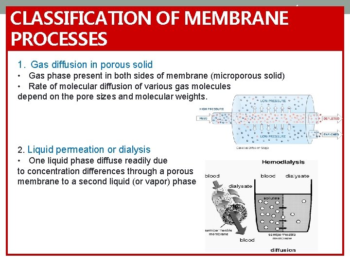 CLASSIFICATION OF MEMBRANE PROCESSES 1. Gas diffusion in porous solid • Gas phase present