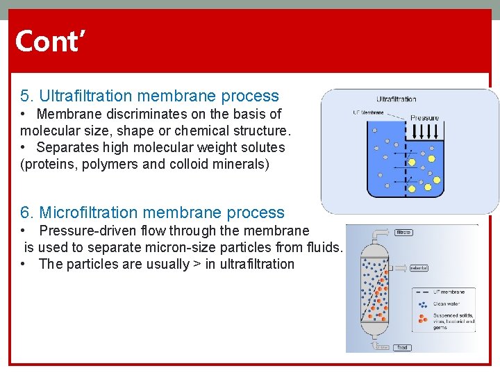 Cont’ 5. Ultrafiltration membrane process • Membrane discriminates on the basis of molecular size,