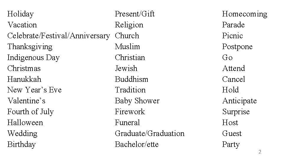 Holiday Vacation Celebrate/Festival/Anniversary Thanksgiving Indigenous Day Christmas Hanukkah New Year’s Eve Valentine’s Fourth of