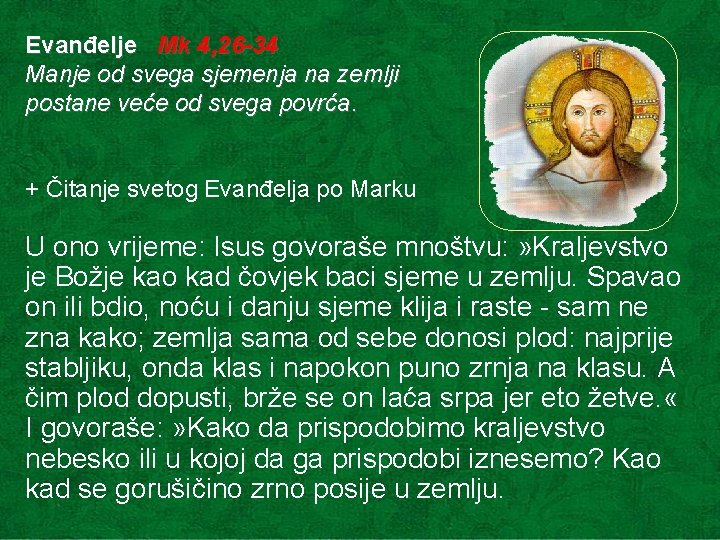 Evanđelje Mk 4, 26 -34 Manje od svega sjemenja na zemlji postane veće od