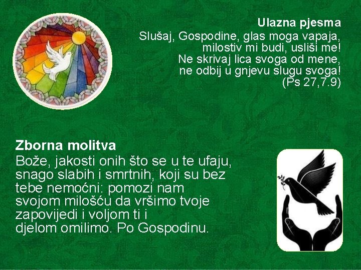 Ulazna pjesma Slušaj, Gospodine, glas moga vapaja, milostiv mi budi, usliši me! Ne skrivaj