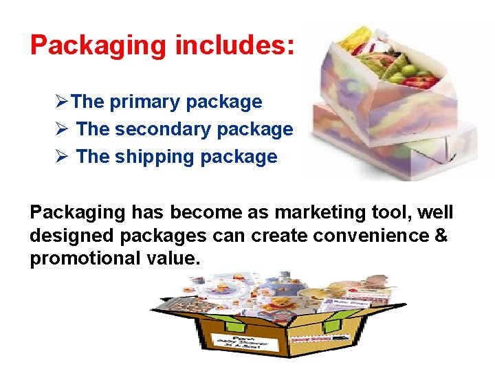 Packaging includes: The primary package The secondary package The shipping package Packaging has become