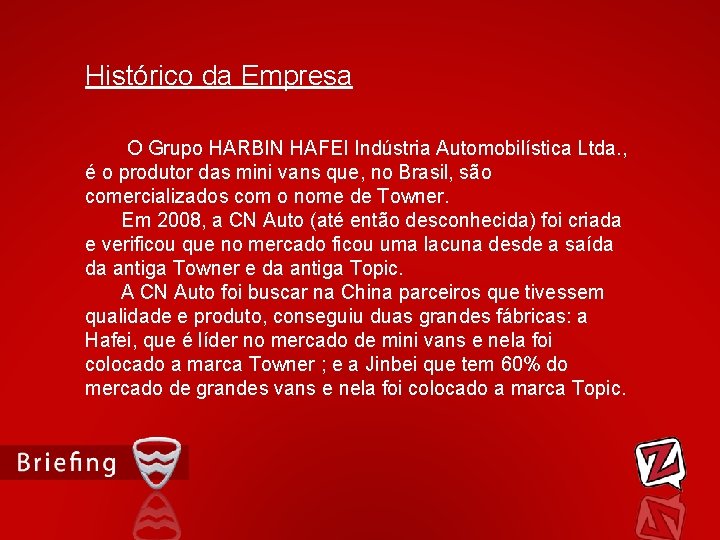 Histórico da Empresa O Grupo HARBIN HAFEI Indústria Automobilística Ltda. , é o produtor