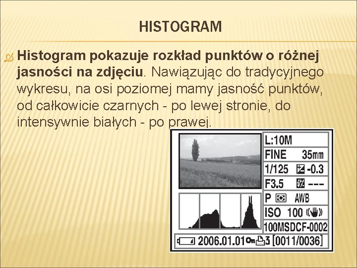 HISTOGRAM Histogram pokazuje rozkład punktów o różnej jasności na zdjęciu. Nawiązując do tradycyjnego wykresu,