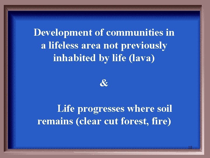 Development of communities in a lifeless area not previously inhabited by life (lava) &