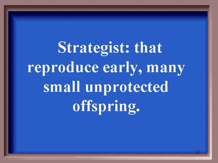  Strategist: that reproduce early, many small unprotected offspring. 22 