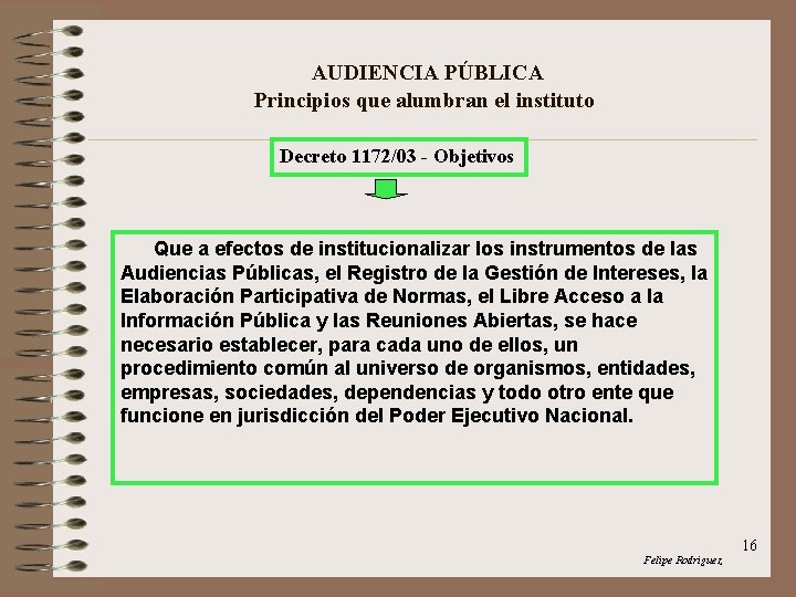 AUDIENCIA PÚBLICA Principios que alumbran el instituto Decreto 1172/03 - Objetivos Que a efectos