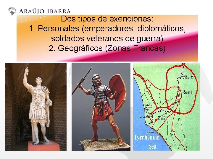 Dos tipos de exenciones: 1. Personales (emperadores, diplomáticos, soldados veteranos de guerra) 2. Geográficos