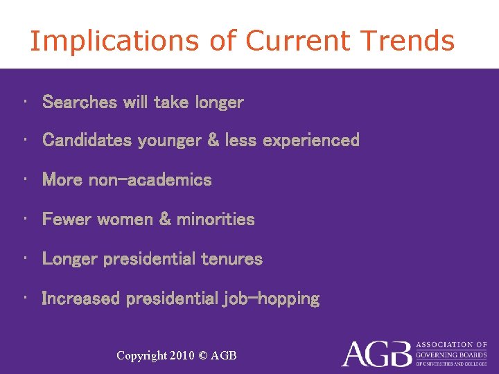 Implications of Current Trends • Searches will take longer • Candidates younger & less