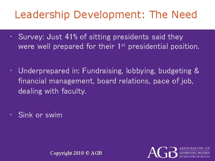 Leadership Development: The Need • Survey: Just 41% of sitting presidents said they were