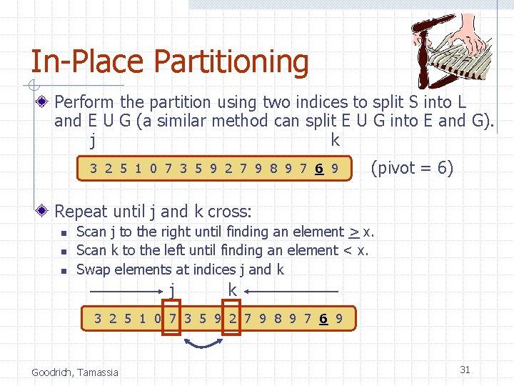 In-Place Partitioning Perform the partition using two indices to split S into L and