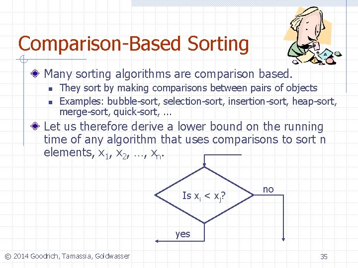 Comparison-Based Sorting Many sorting algorithms are comparison based. n n They sort by making