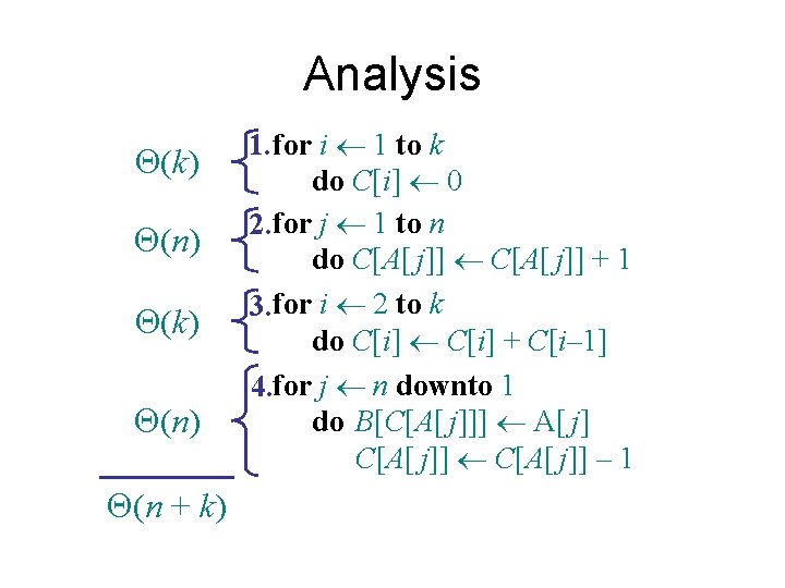 Analysis (k) (n) (n + k) 1. for i 1 to k do C[i]