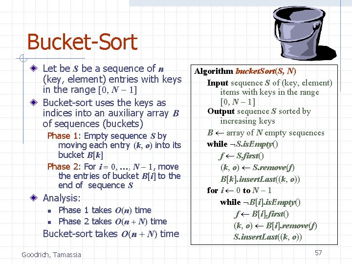Bucket-Sort Let be S be a sequence of n (key, element) entries with keys