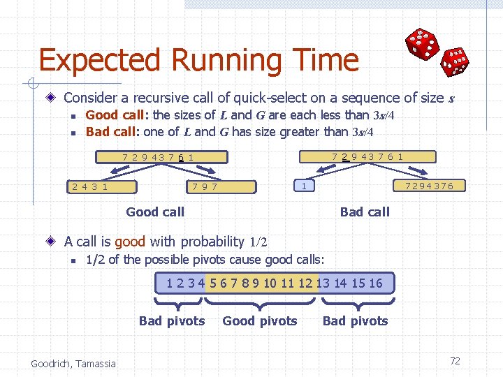 Expected Running Time Consider a recursive call of quick-select on a sequence of size