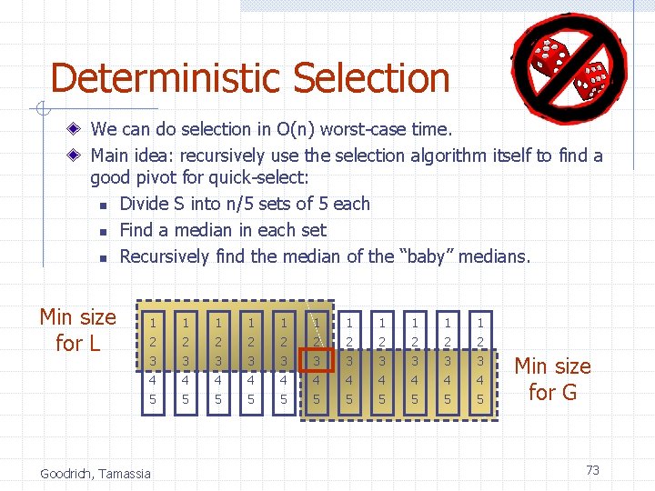 Deterministic Selection We can do selection in O(n) worst-case time. Main idea: recursively use