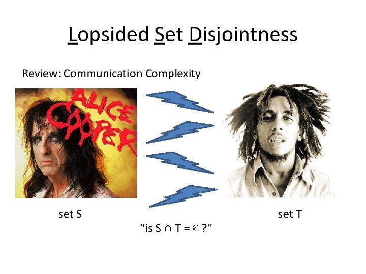 Lopsided Set Disjointness Review: Communication Complexity set S “is S ∩ T = ∅