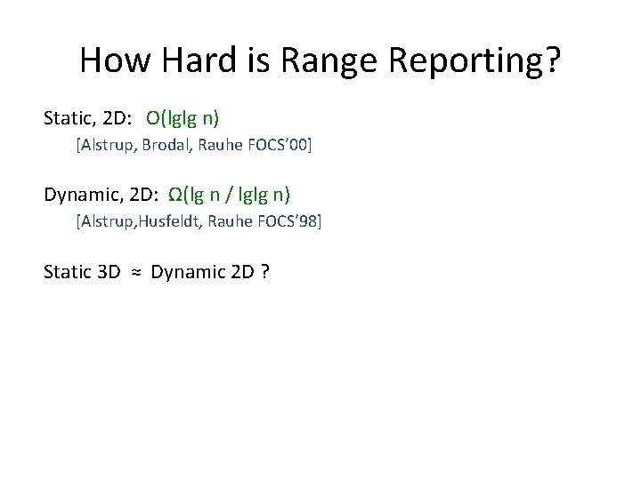 How Hard is Range Reporting? Static, 2 D: O(lglg n) [Alstrup, Brodal, Rauhe FOCS’