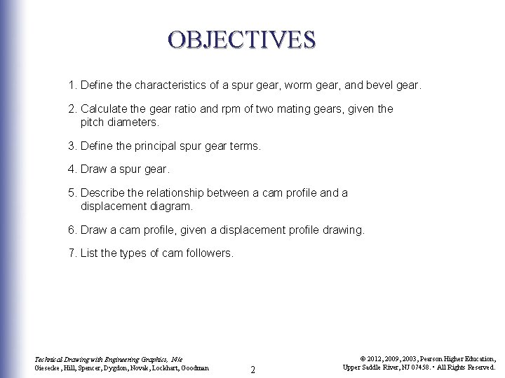 OBJECTIVES 1. Define the characteristics of a spur gear, worm gear, and bevel gear.