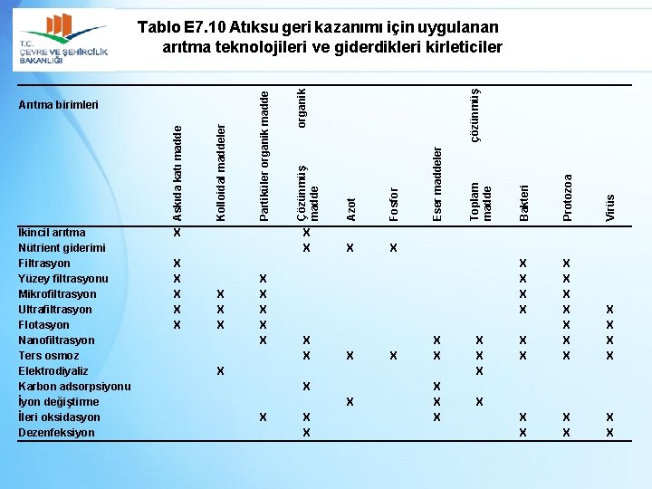 X X X X X Bakteri X X X X X X Toplam madde