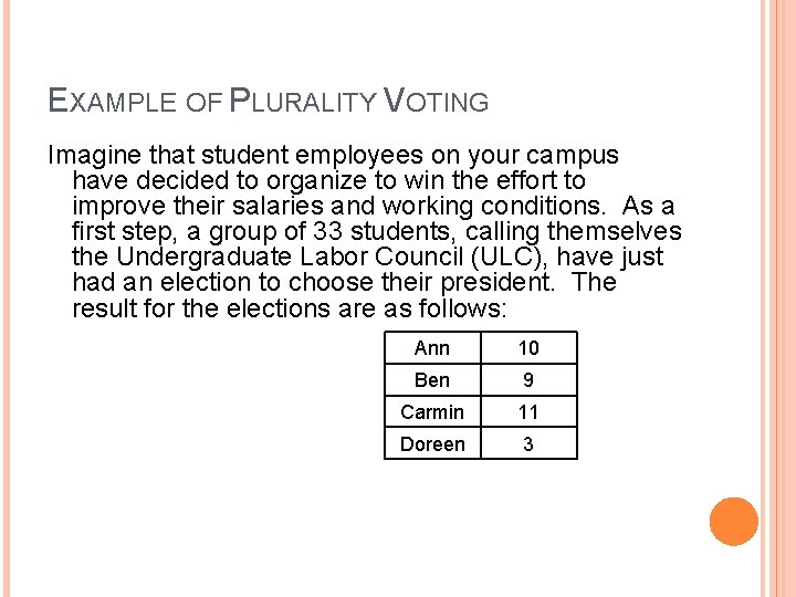 EXAMPLE OF PLURALITY VOTING Imagine that student employees on your campus have decided to
