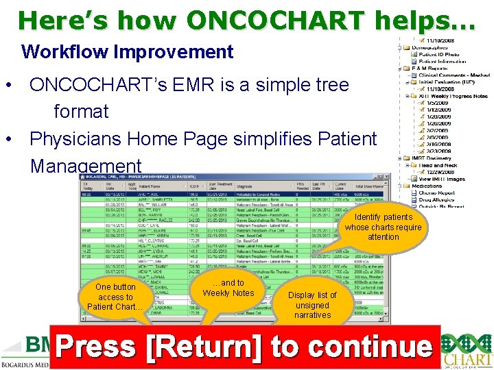 Here’s how ONCOCHART helps… Workflow Improvement • ONCOCHART’s EMR is a simple tree format