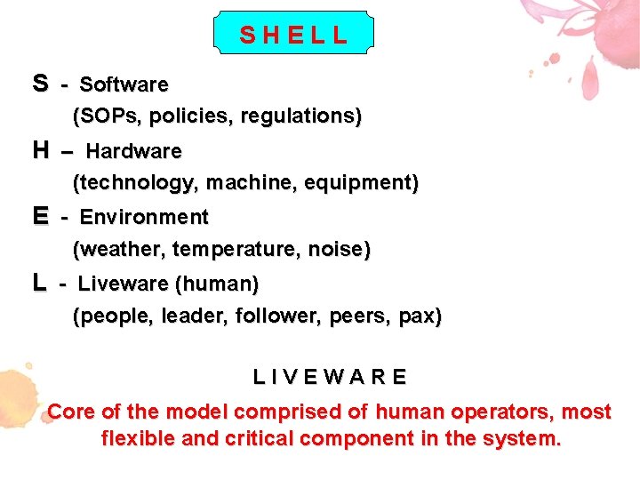 SHELL S - Software (SOPs, policies, regulations) H – Hardware (technology, machine, equipment) E