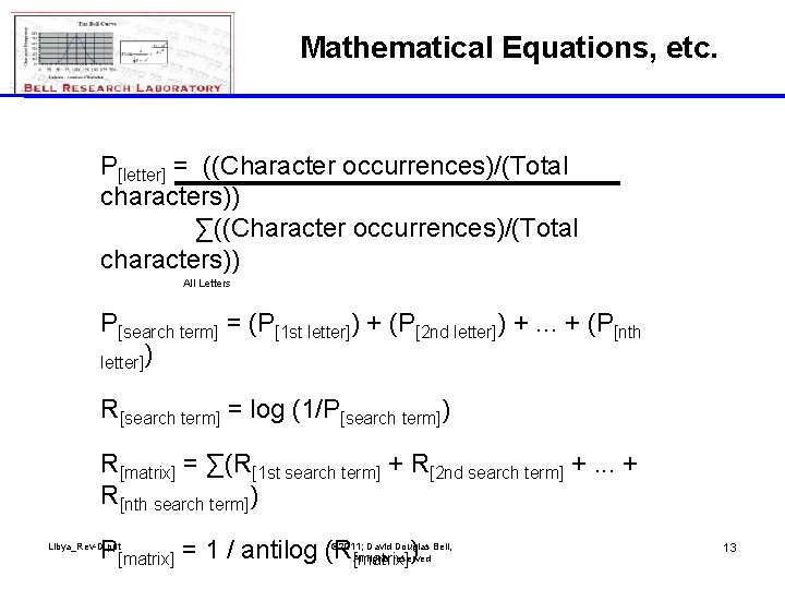 Mathematical Equations, etc. P[letter] = ((Character occurrences)/(Total characters)) ∑((Character occurrences)/(Total characters)) All Letters P[search