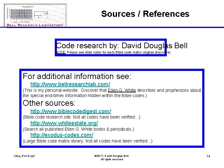 Sources / References Code research by: David Douglas Bell NOTE: Please see slide notes