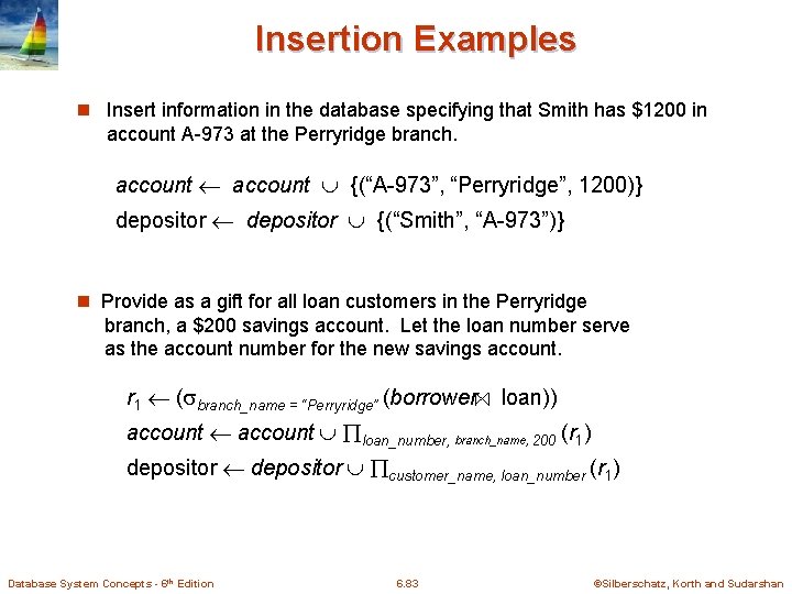 Insertion Examples n Insert information in the database specifying that Smith has $1200 in