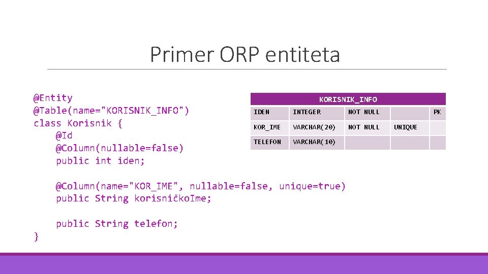 Primer ORP entiteta @Entity @Table(name="KORISNIK_INFO") class Korisnik { @Id @Column(nullable=false) public int iden; KORISNIK_INFO