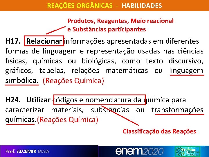 REAÇÕES ORG NICAS - HABILIDADES Produtos, Reagentes, Meio reacional e Substâncias participantes H 17.