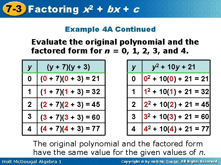 7 -3 Factoring x 2 + bx + c Example 4 A Continued Evaluate