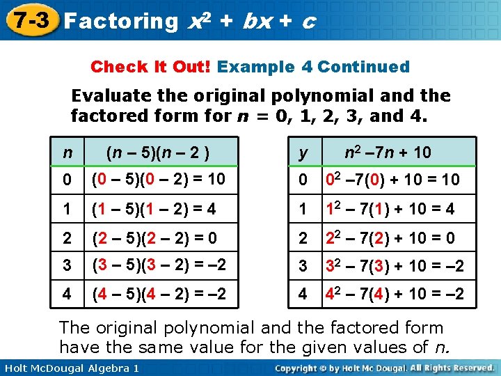 7 -3 Factoring x 2 + bx + c Check It Out! Example 4