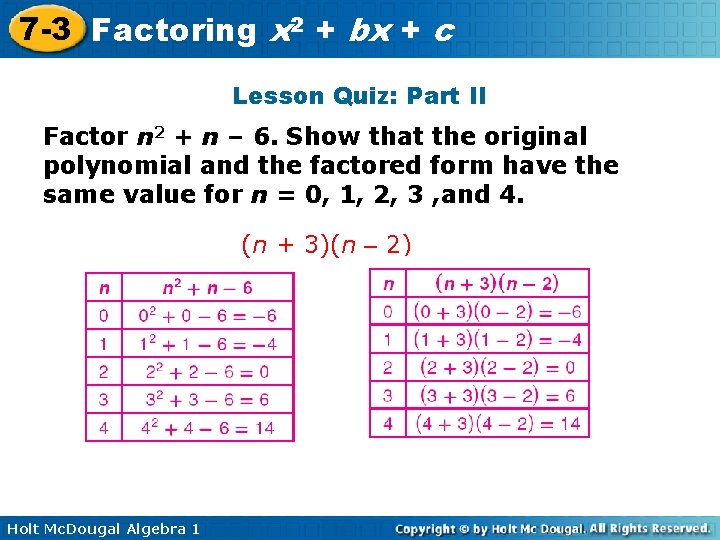 7 -3 Factoring x 2 + bx + c Lesson Quiz: Part II Factor
