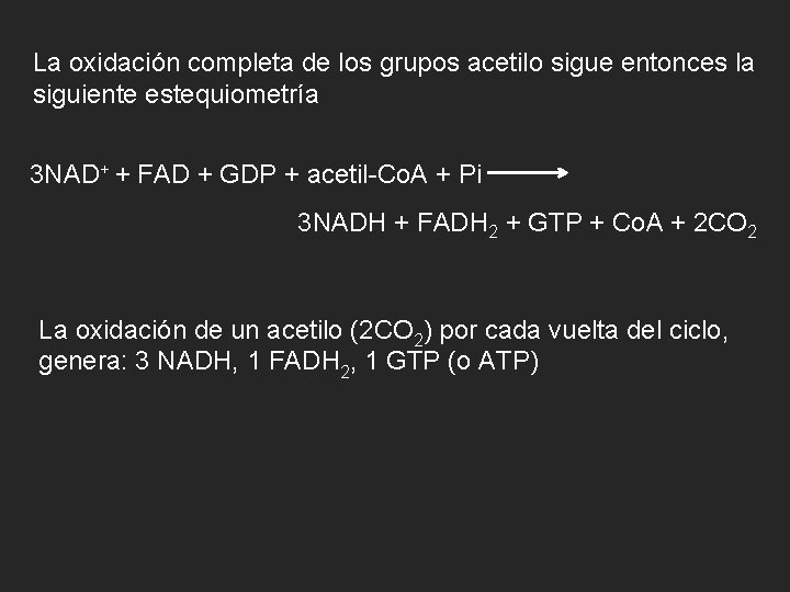 La oxidación completa de los grupos acetilo sigue entonces la siguiente estequiometría 3 NAD+