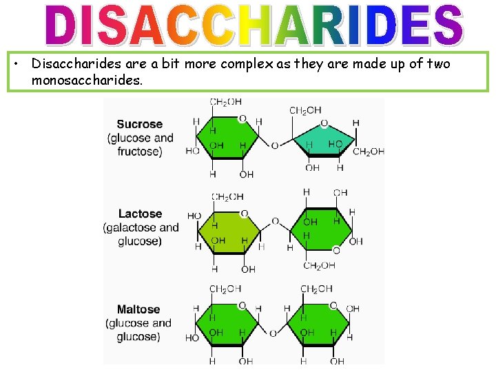  • Disaccharides are a bit more complex as they are made up of