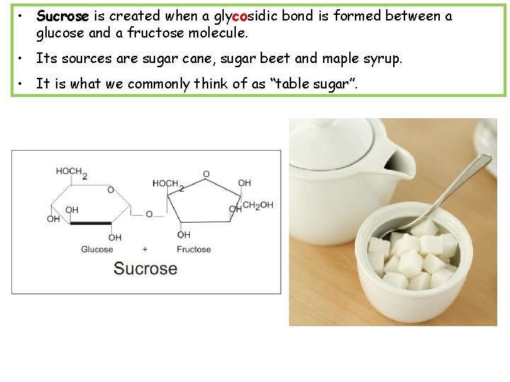  • Sucrose is created when a glycosidic bond is formed between a glucose